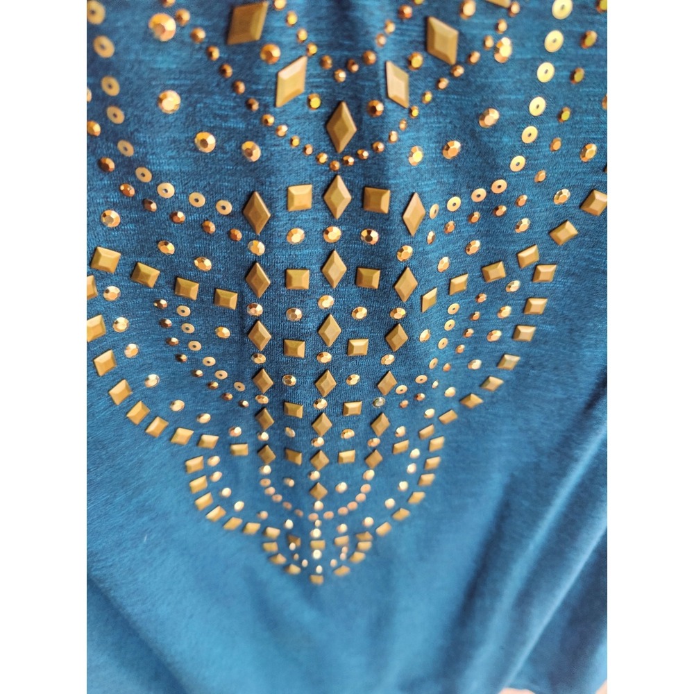 Y2k Vintage steampunk teal with gold studs and rhinestone embellished tank Sz XL - Picture 4 of 5